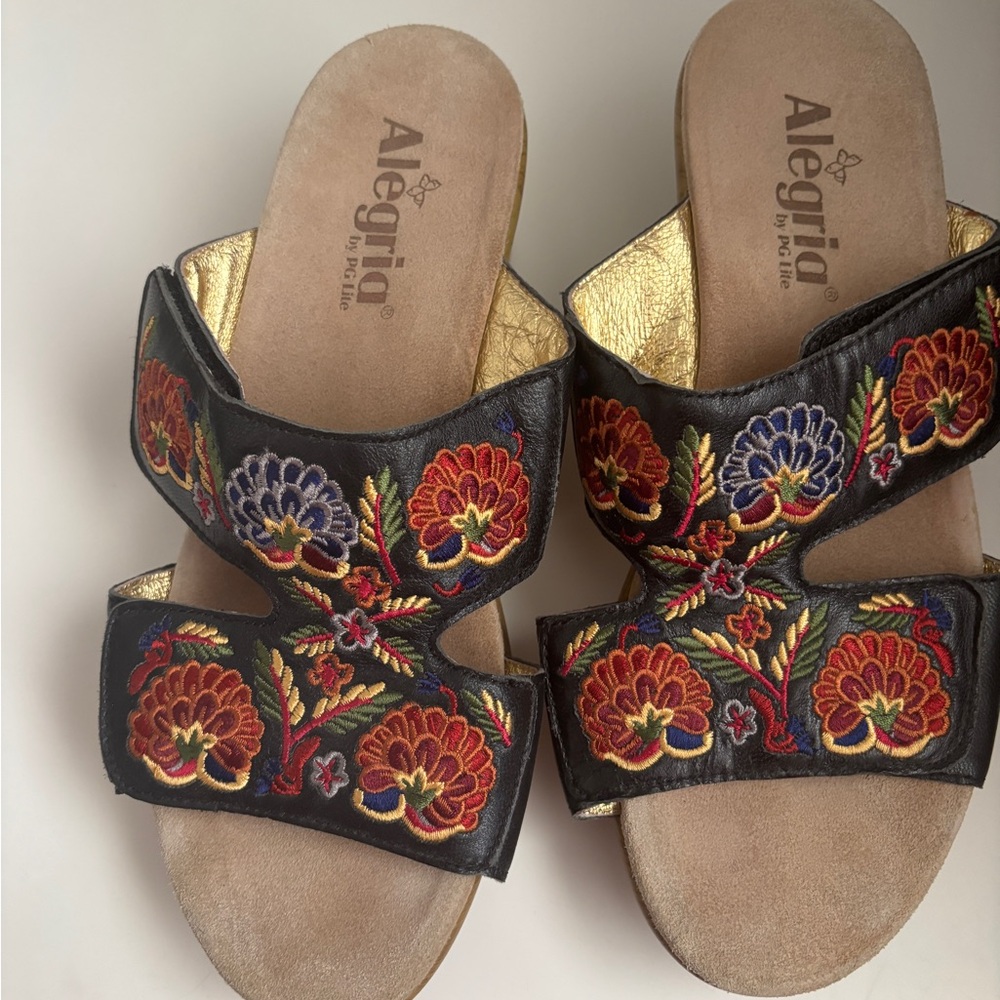 Alegria Women's Black Sandals with Colorful Embroidery